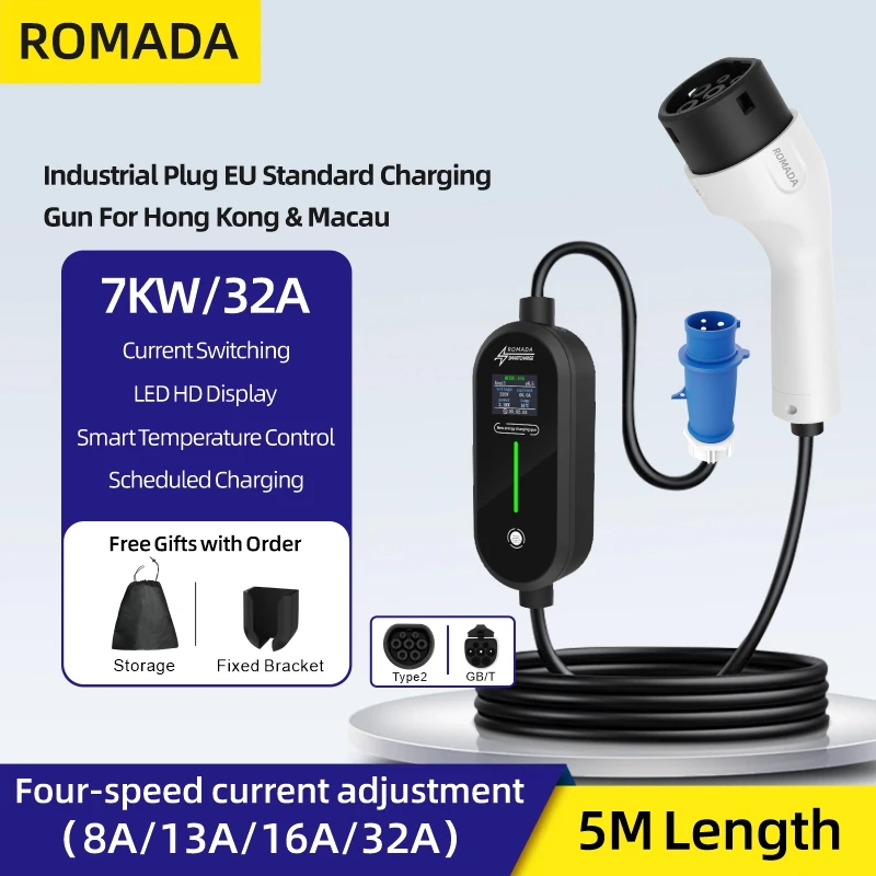 Ev Charger Adapter - ROMADA-Chargeur Portable 7KW 32A EV, Câble